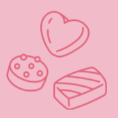 Pink line art illustration of a heart-shaped cookie, a round cookie, a slice of layered cake, and a bar of chocolate on a pink background.