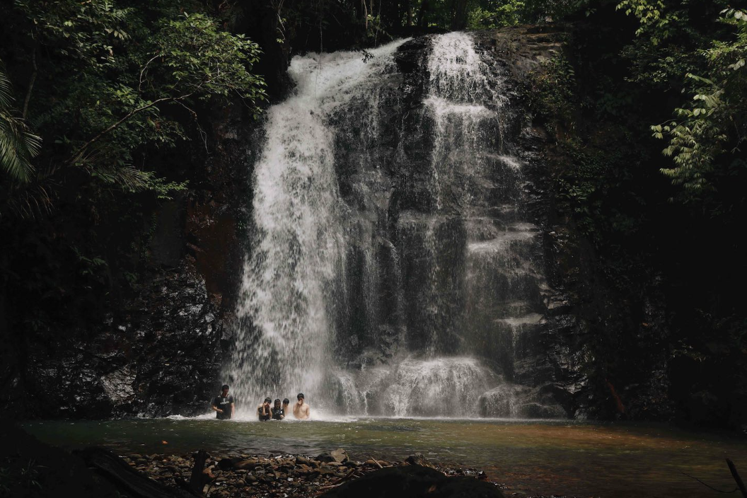 A group of people standing under a large waterfall in a lush forest.