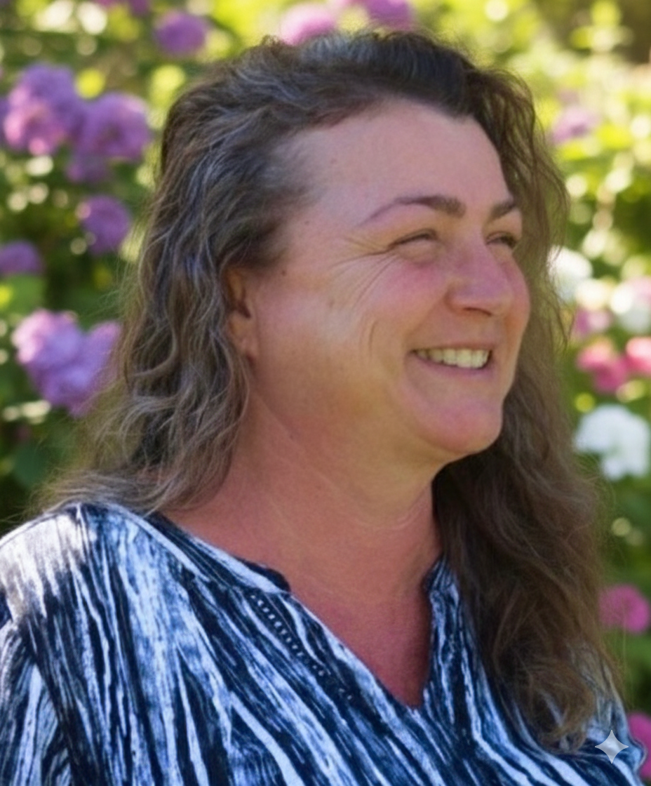 A woman with long, wavy brown hair smiling outdoors with pink, purple, and white flowers in the background.