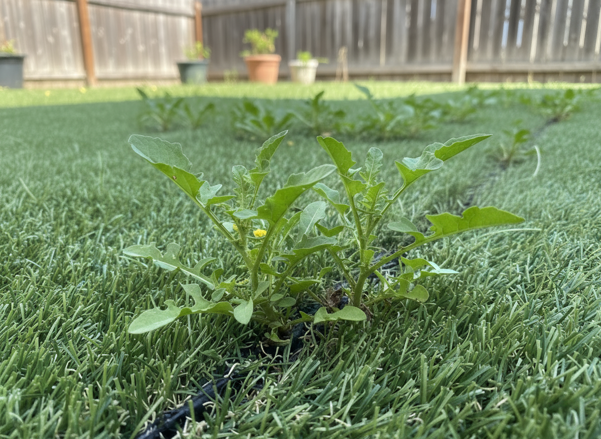 Weed growing through the seam of an artificial turffed back yard with potted plants in the background.