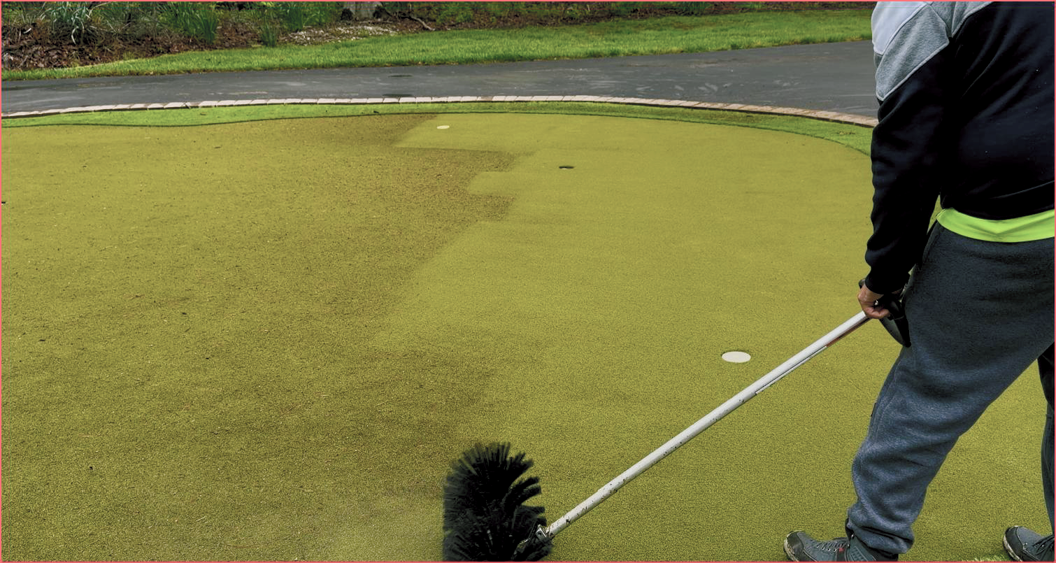 Artificial turf putting green before and after deep cleaning service, showing removal of mold, dirt, debris, and organic buildup to restore a clean, healthy playing surface.