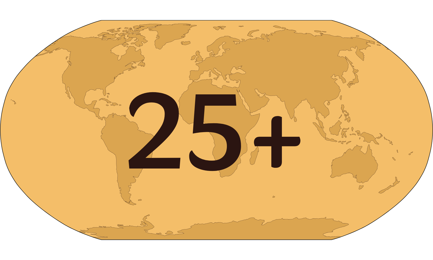 Eine Weltkarte in Erdtönen mit der Zahl 25+ in der Mitte, Hinweis auf mehr als 25 Länder.