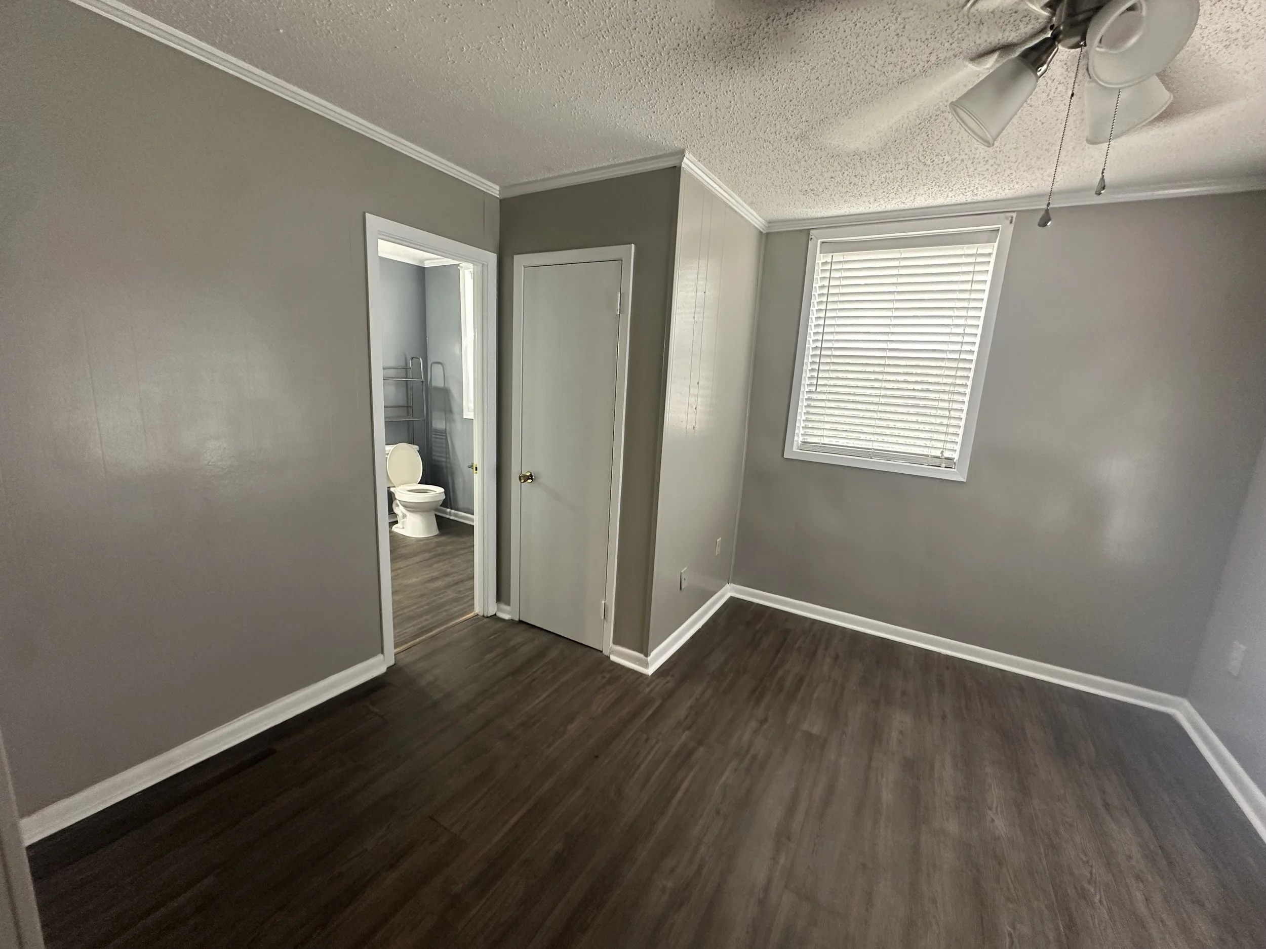 Empty room with gray walls, wood flooring, a window with blinds, and a ceiling fan with lights. There is a door leading to a small bathroom with a toilet, visible through an open doorway.