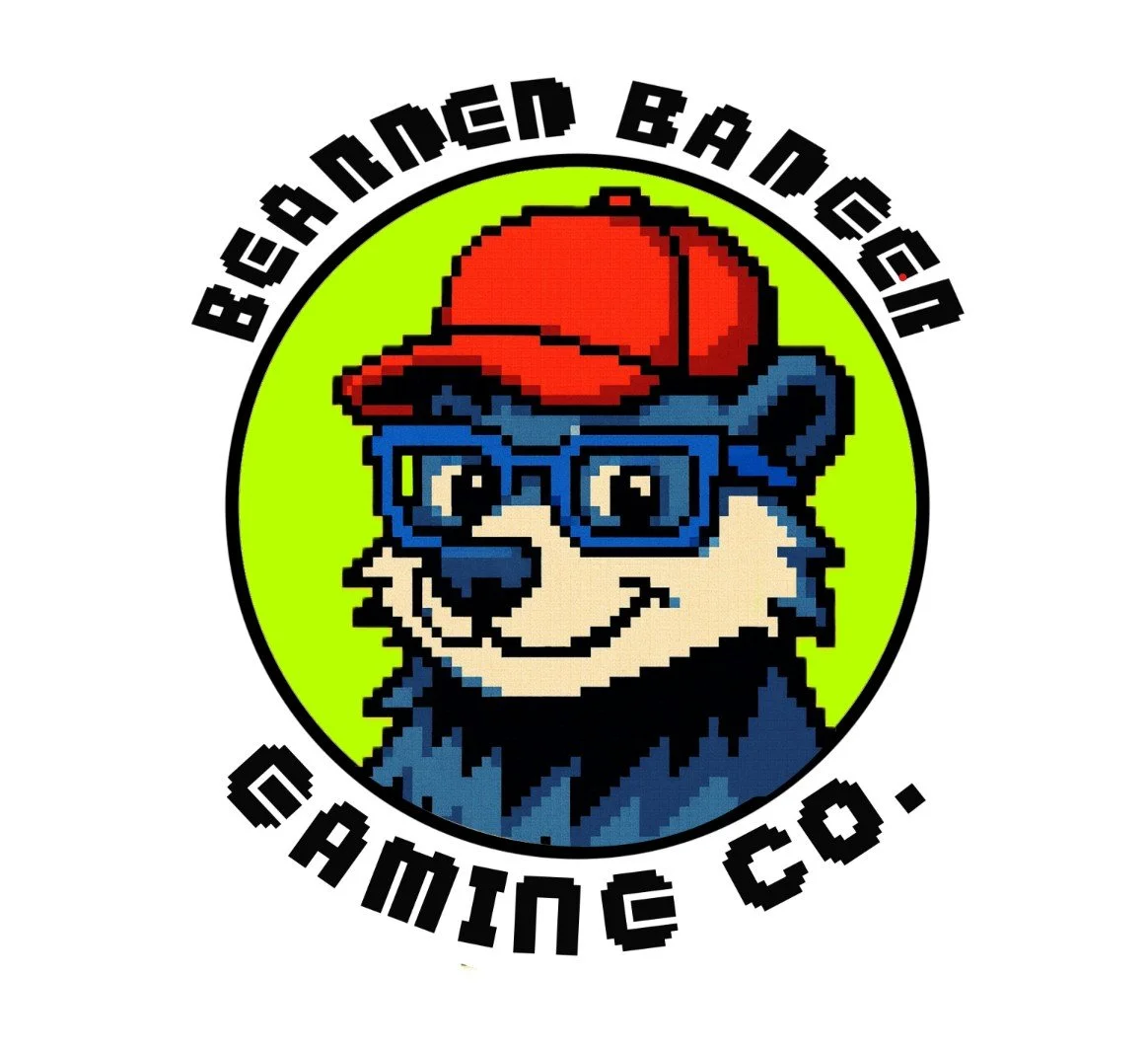 Pixel art logo of a dog wearing glasses and a red cap, encircled by the text 'Be a gamer, be a big' and 'Gaming Co.' with a bright green background.