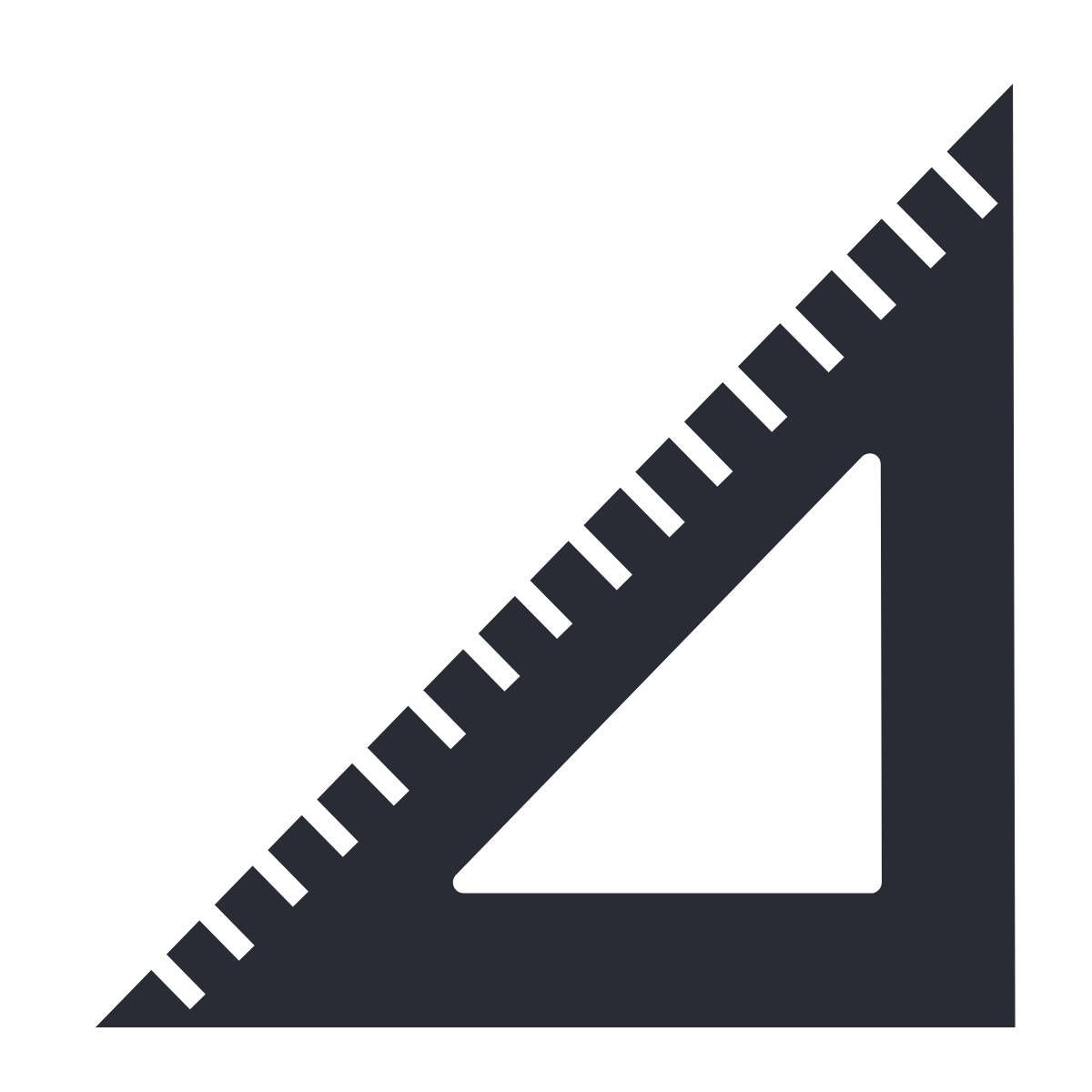 Black and white drawing of a right-angled triangle ruler with a 45-degree triangle inside.