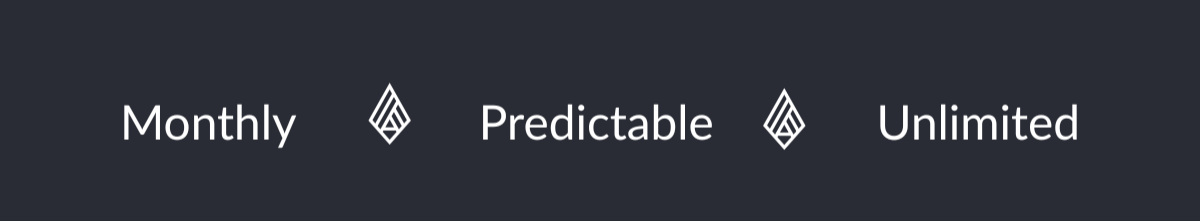 Text with the words 'Monthly', 'Predictable', and 'Unlimited' separated by diamond-shaped icons that describe what's included with construction law all access plan.