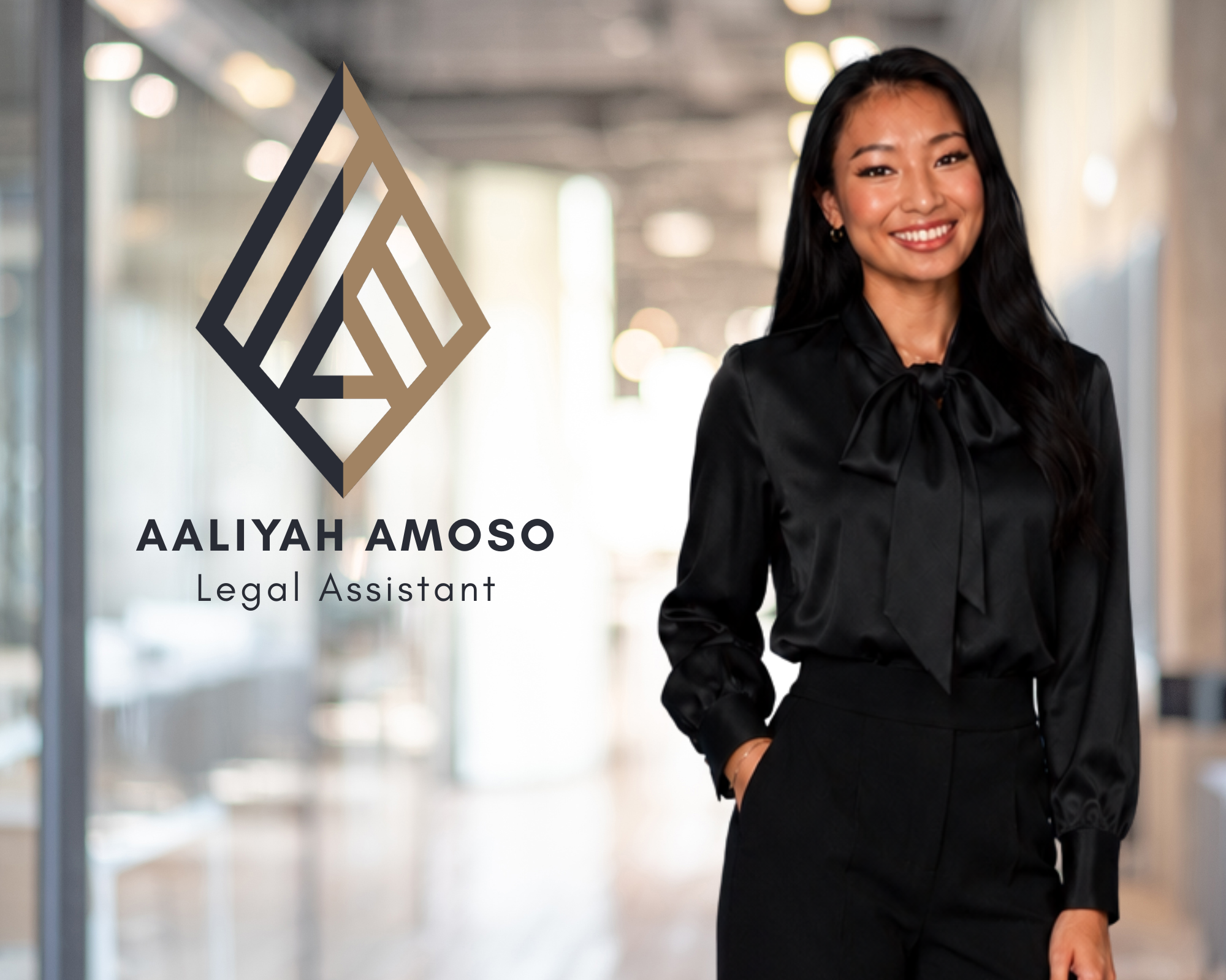 A woman wearing a black blouse. A logo and text overlay on the left side of the image read Aaliyah Amos, Legal Assistant, of LEGALLY BUILT construction law, Canada.