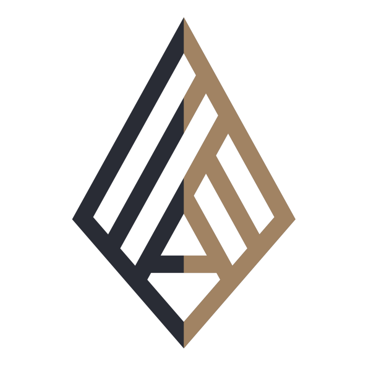Stylized geometric logo with black and brown lines forming a diamond shape on a black background.