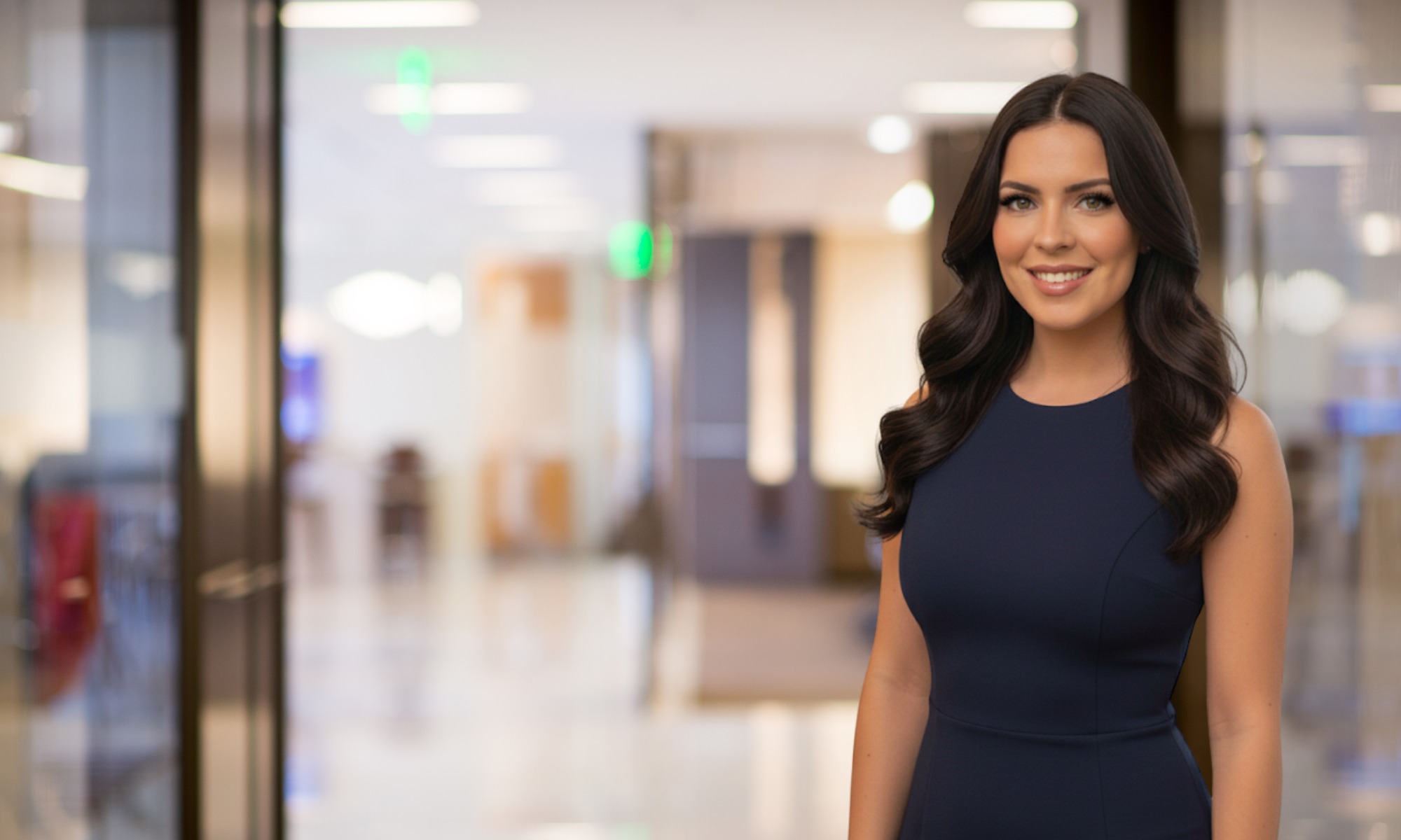 Woman with long dark hair wearing a navy sleeveless dress, smiling in a modern indoor setting.