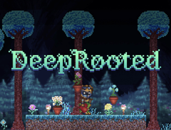 Pixel art scene with three trees, a character holding a watering can, and various potted plants; the word 'DeepRooted' displayed above in a stylized font.