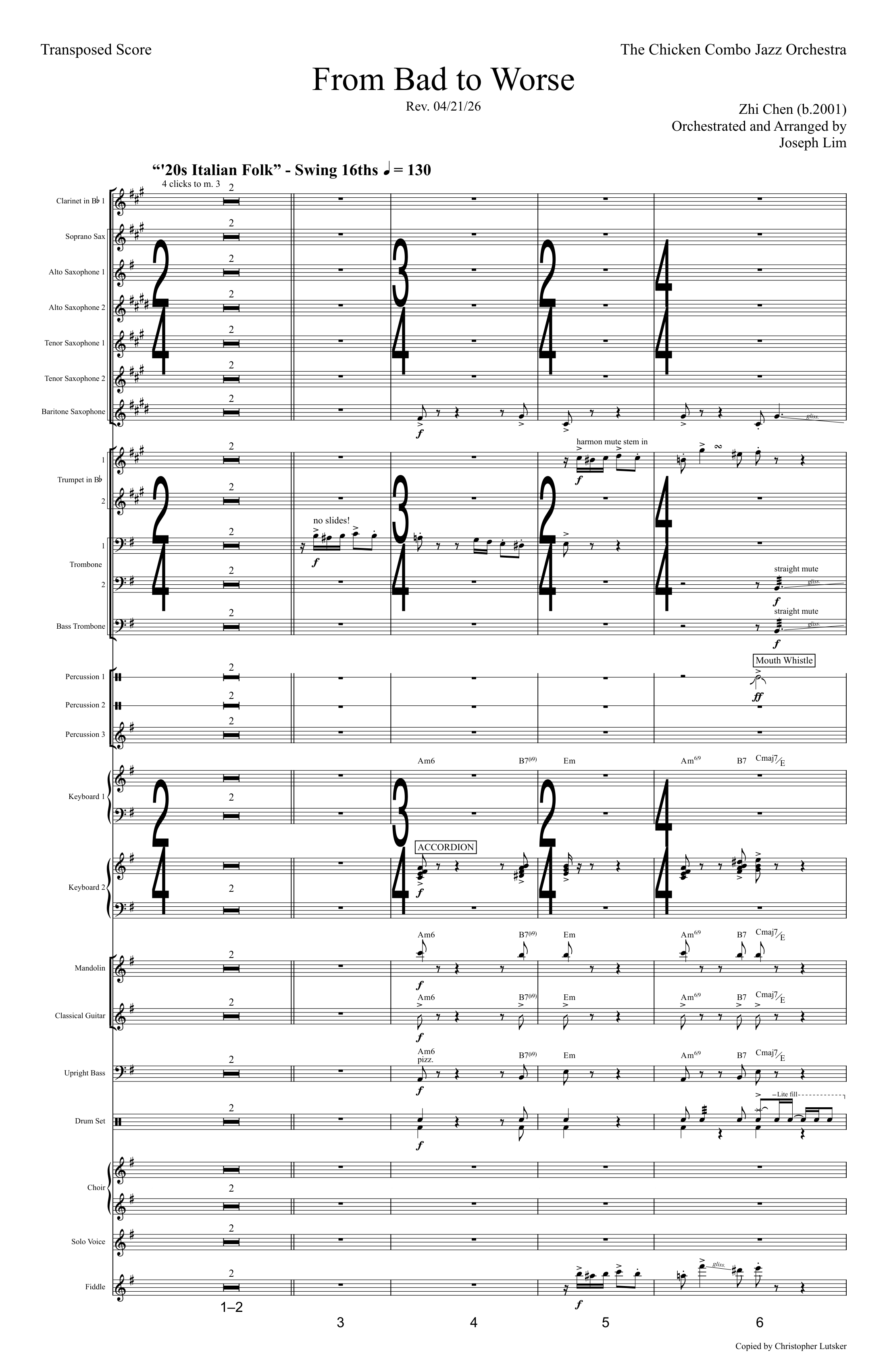 Sheet music titled 'From Bad to Worse' arranged for multiple instruments including clarinet, saxophones, trumpet, trombone, bass, percussion, keyboard, guitar, bass, and choir, with markings for dynamics and tempo.