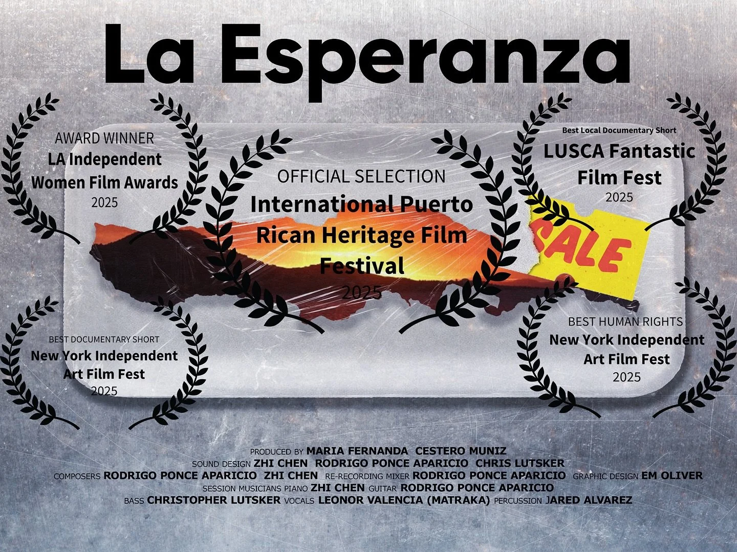 Award poster for the film 'La Esperanza.' It features laurels and mentions several film festivals and awards, including the International Puerto Rican Heritage Film Festival 2025, the LA Independent Women Film Awards 2025, the Lusca Fantastic Film Fe