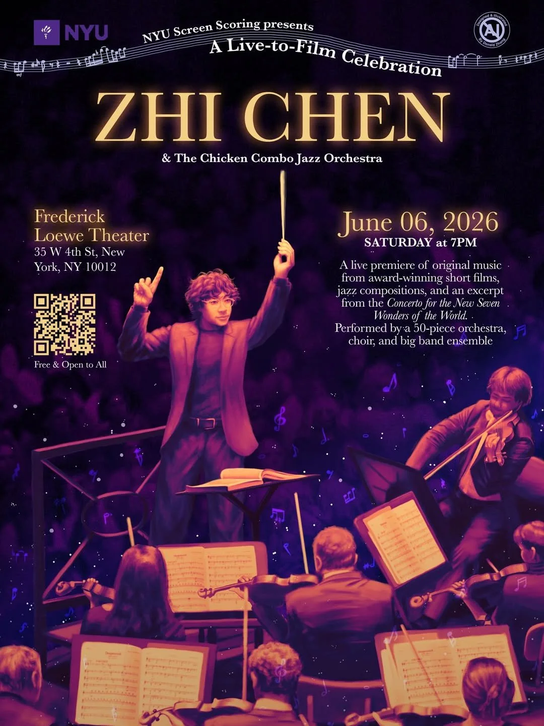 Event poster for a live screening and concert celebrating Zhi Chen and the Chicken Combo Jazz Orchestra at NYU, Frederick Loewe Theater. The poster features a digital illustration of a conductor and musicians surrounded by musical notes, with event details including date, time, location, and description. The background is dark with purple and orange hues.