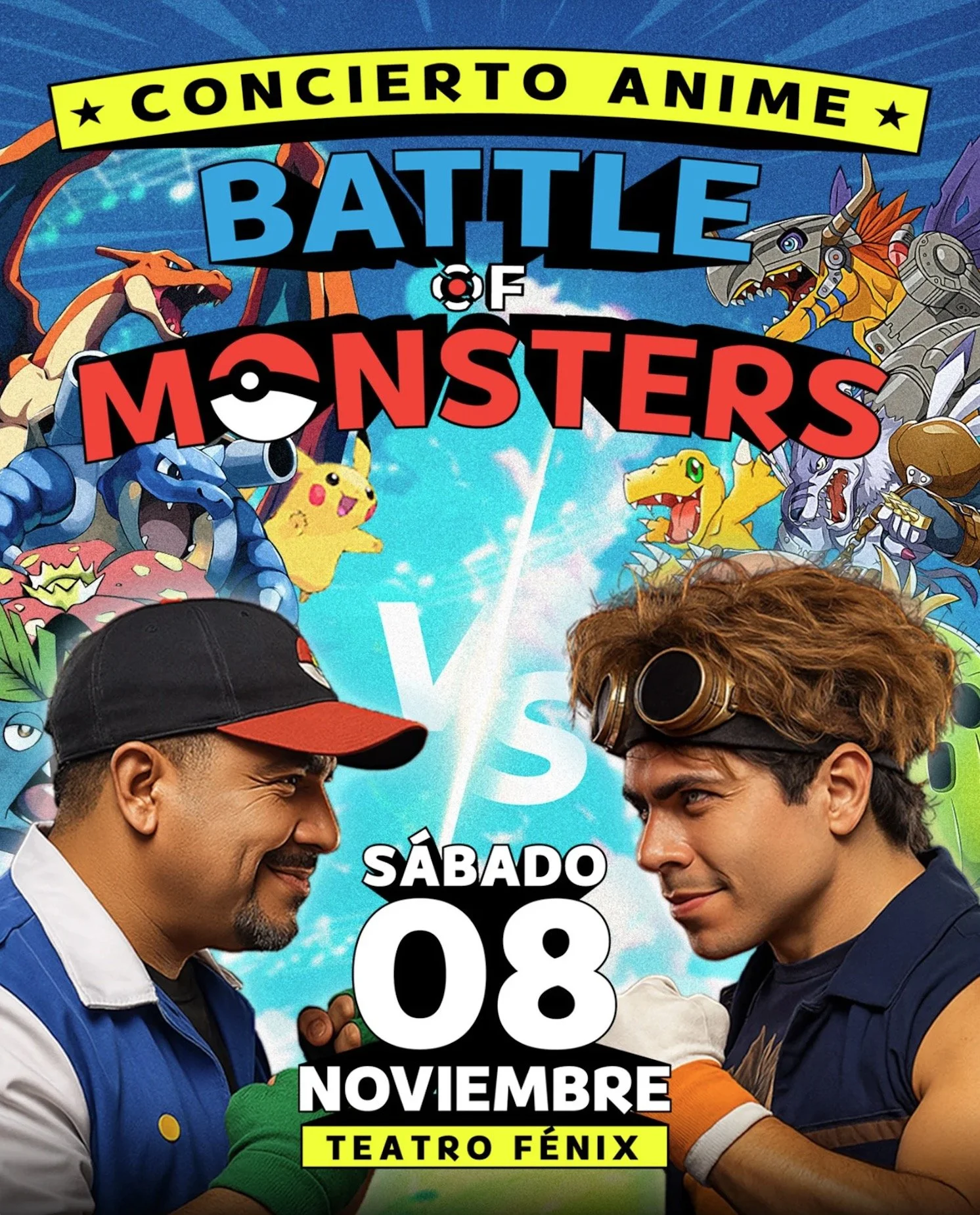 Poster for an anime-themed battle contest showing two men smiling and shaking hands, surrounded by cartoon monsters, with event details including date, time, and location.