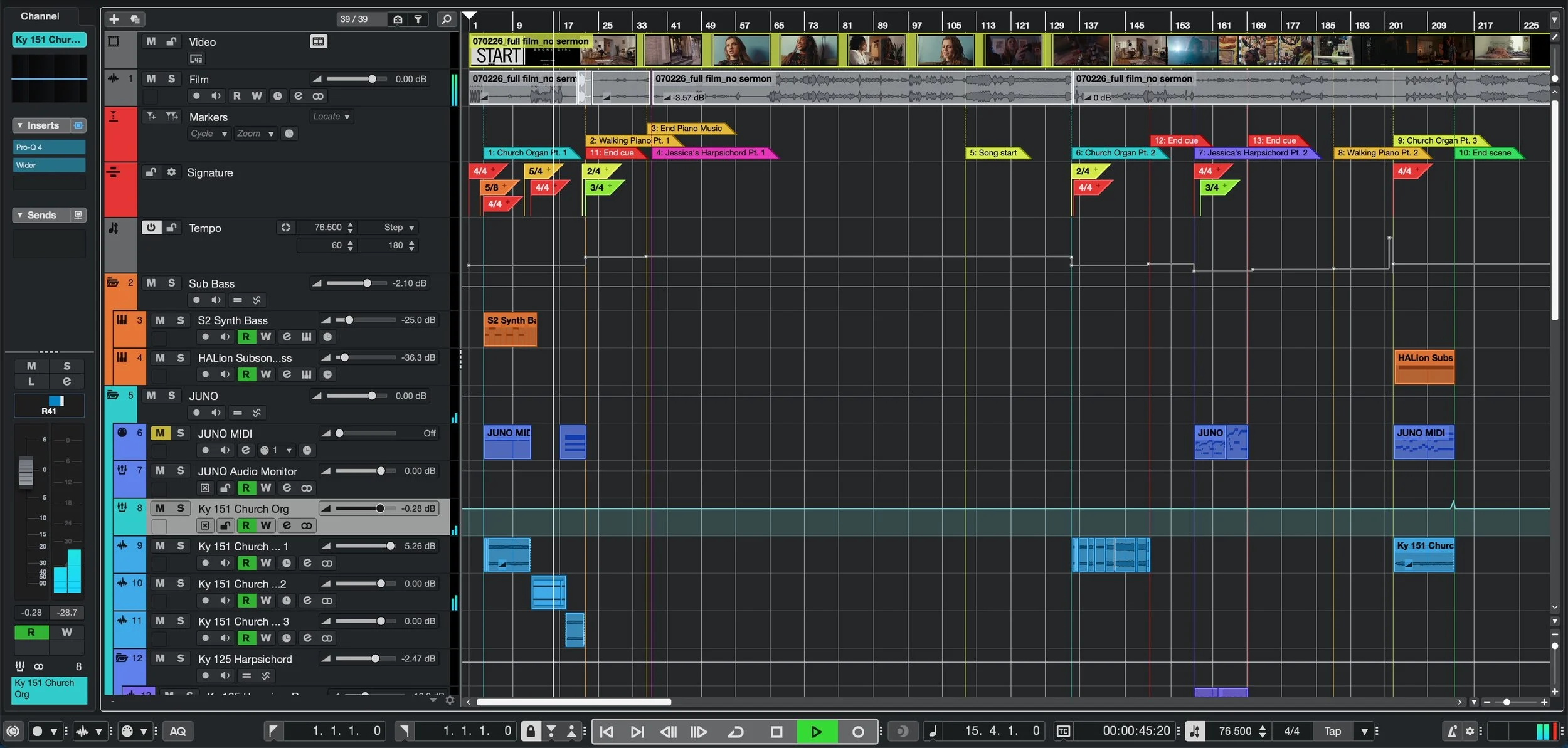 A Cubase screenshot with multiple tracks and clips, including a church organ, piano, harpsichord, and various cues, indicating an audio or music editing session.