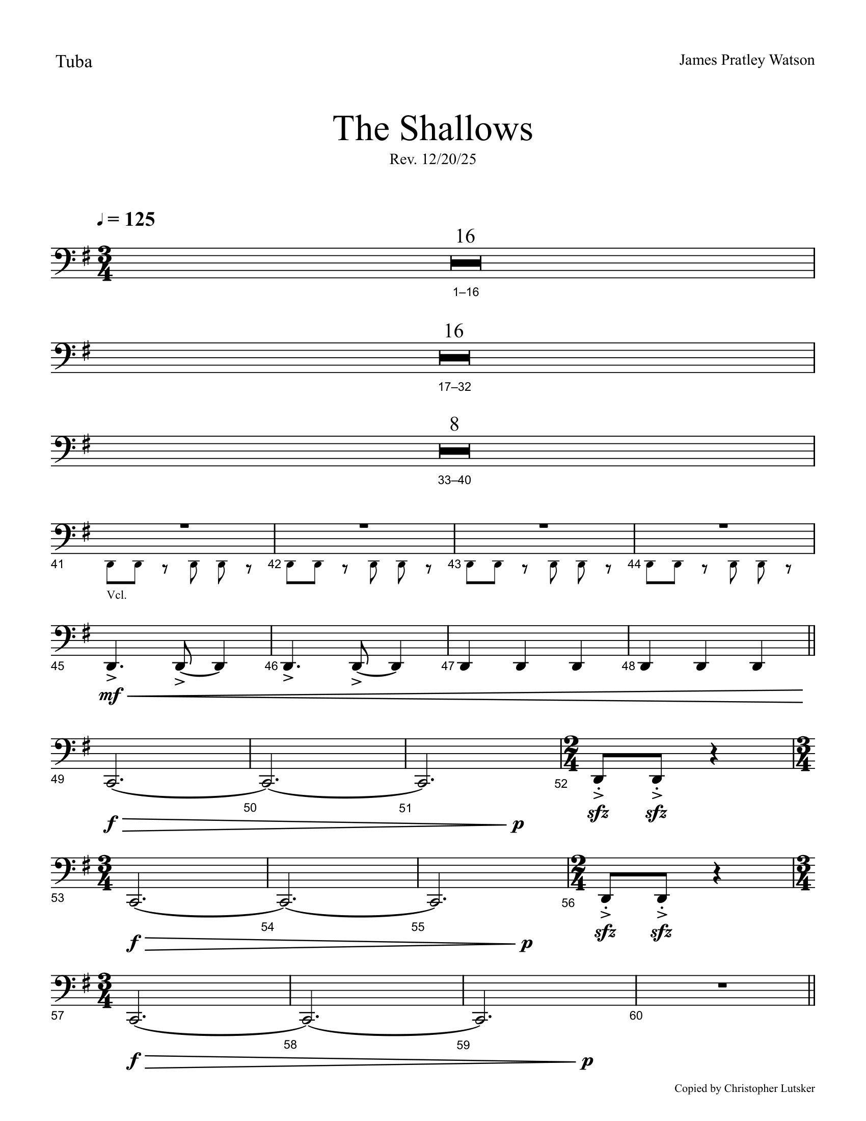 Sheet music titled "The Shallows" by James Pratley Watson, with musical notation and dynamics markings.