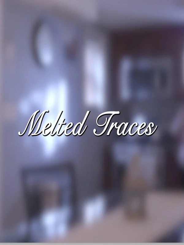 Blurred image of a room with a clock and framed pictures on the wall, with the text 'Melted Traces' in the center.
