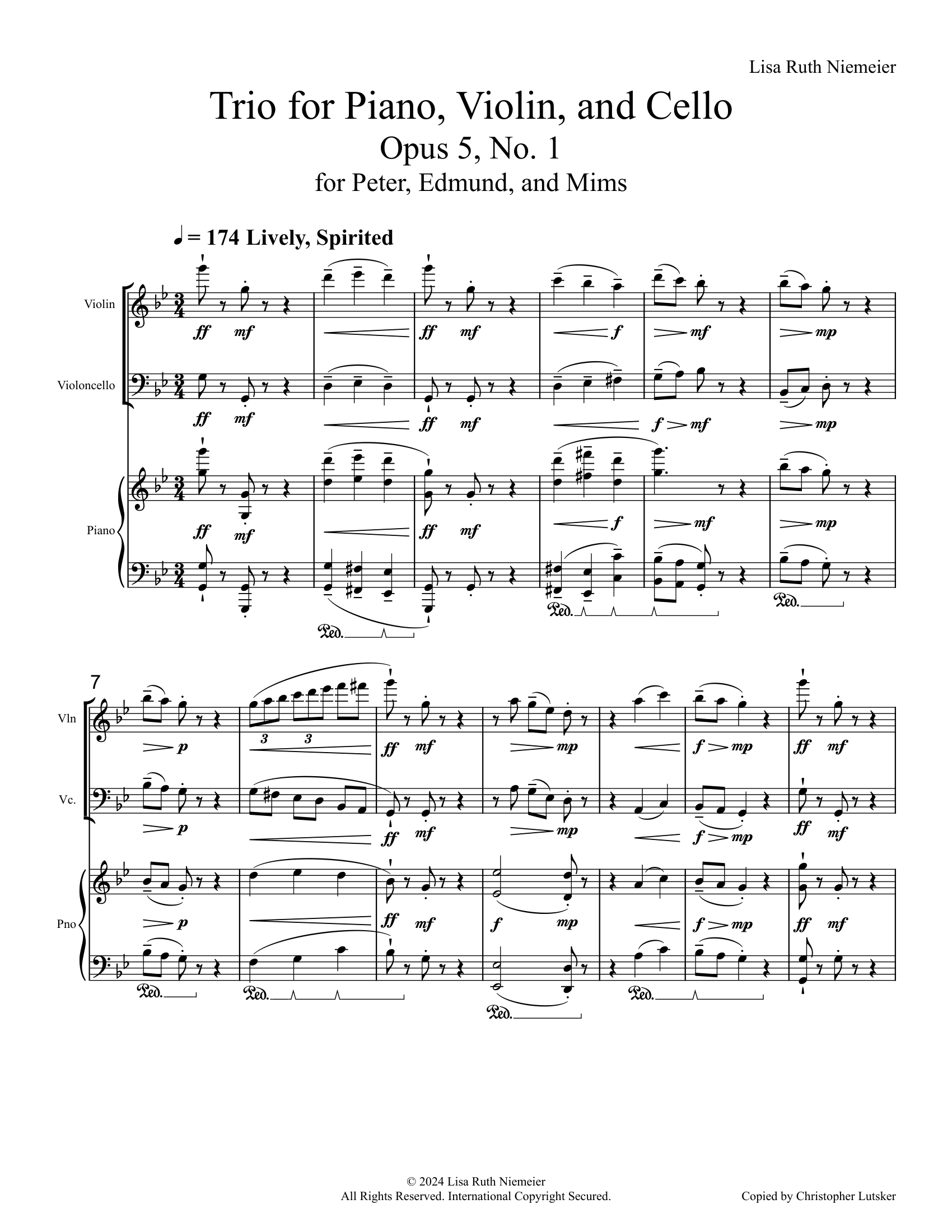 Sheet music for a piano, violin, and cello trio, titled "Trio for Piano, Violin, and Cello, Opus 5, No. 1" composed by Lisa Ruth Niemeier, with musical notations, dynamics, and performance instructions.