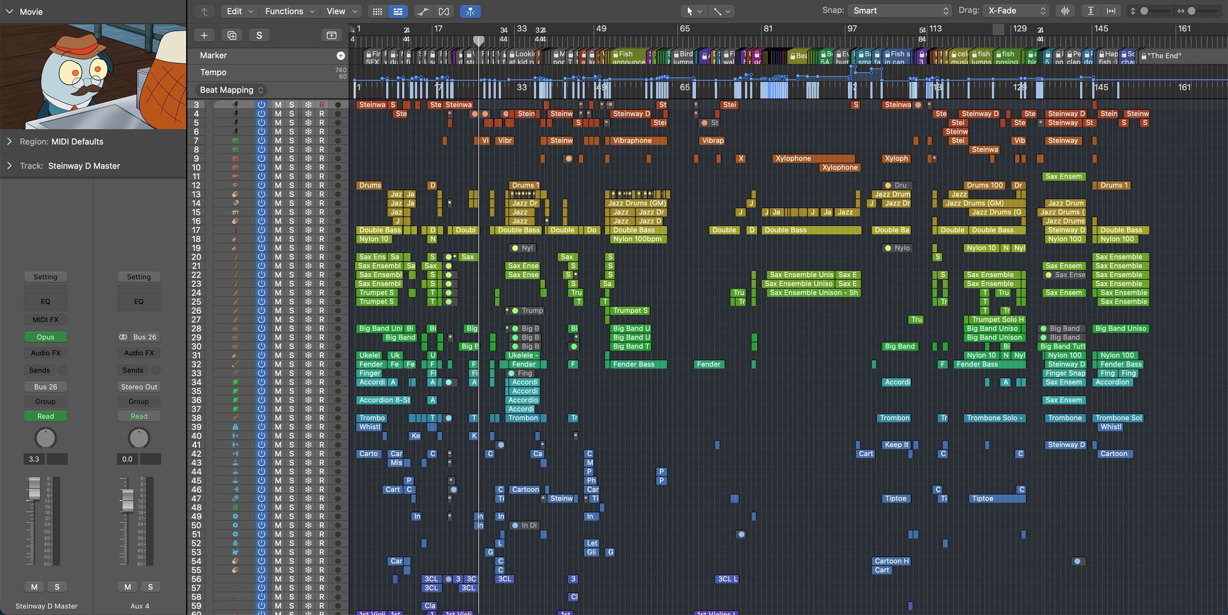 A Logic Pro screenshot showing various tracks, audio clips, and editing tools. The interface includes multiple color-coded tracks such as drums, bass, saxophone, trumpet, and others, with detailed waveforms and MIDI notes.