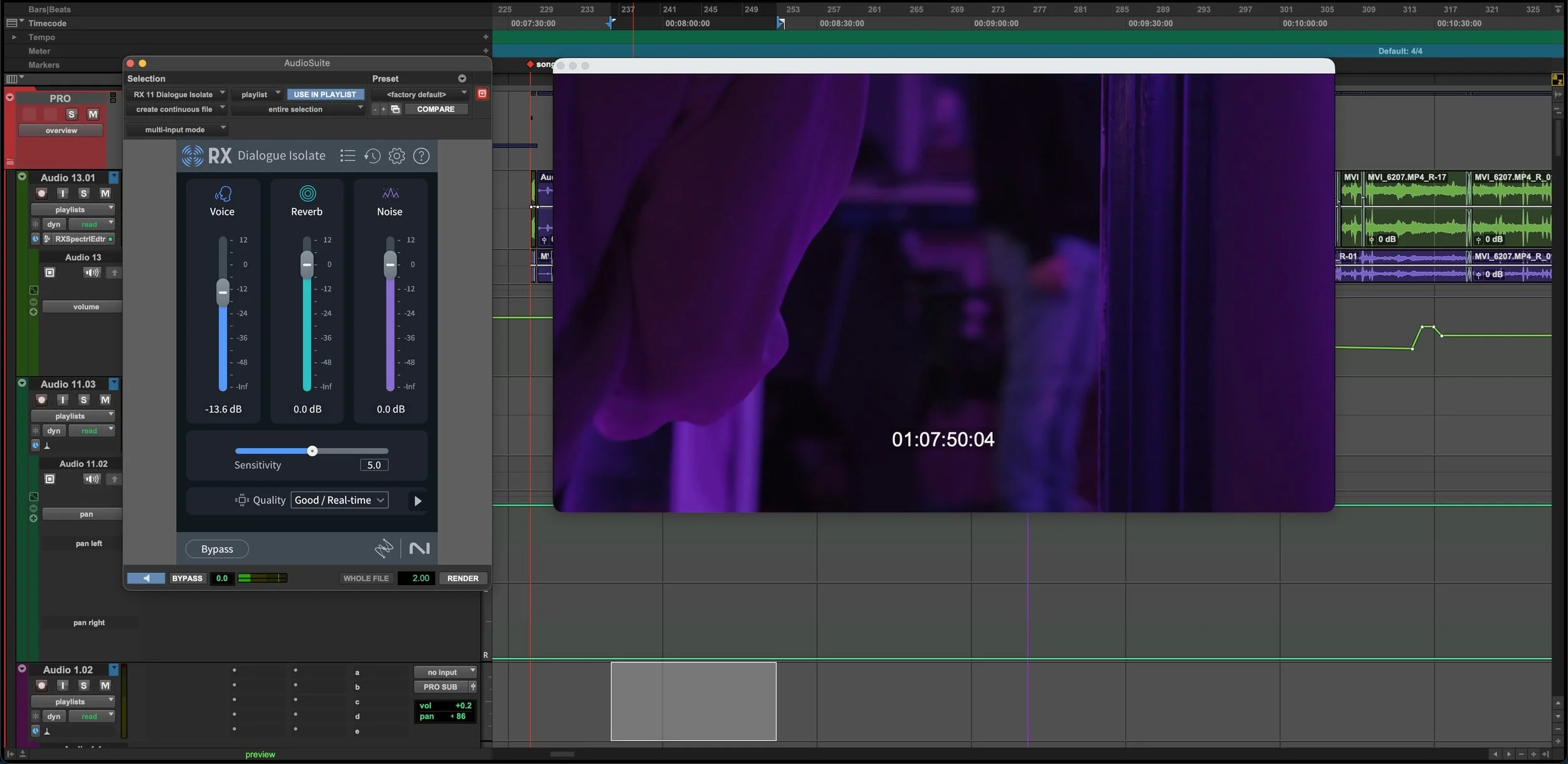 A screenshot of ProTools software with multiple tracks and waves, a digital audio workstation interface, and a video playback window showing a person with purple lighting.
