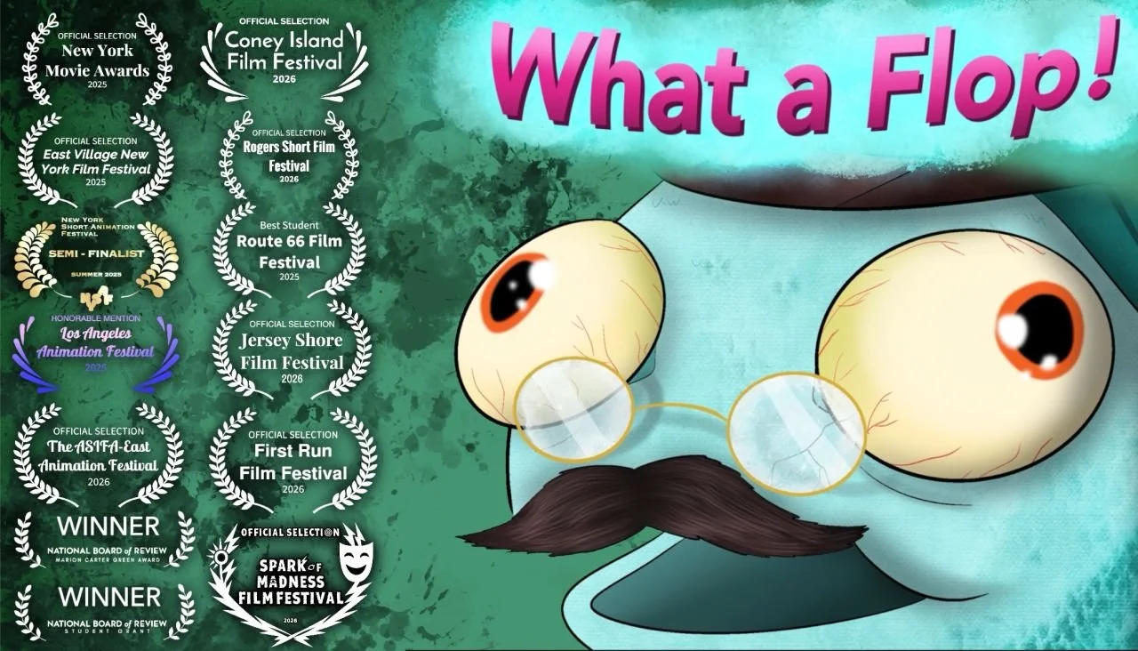 Promotional poster for a film titled "What a Flop!" featuring large, cartoon eyes with glasses and a mustache, and a background listing multiple film festival selections and awards.
