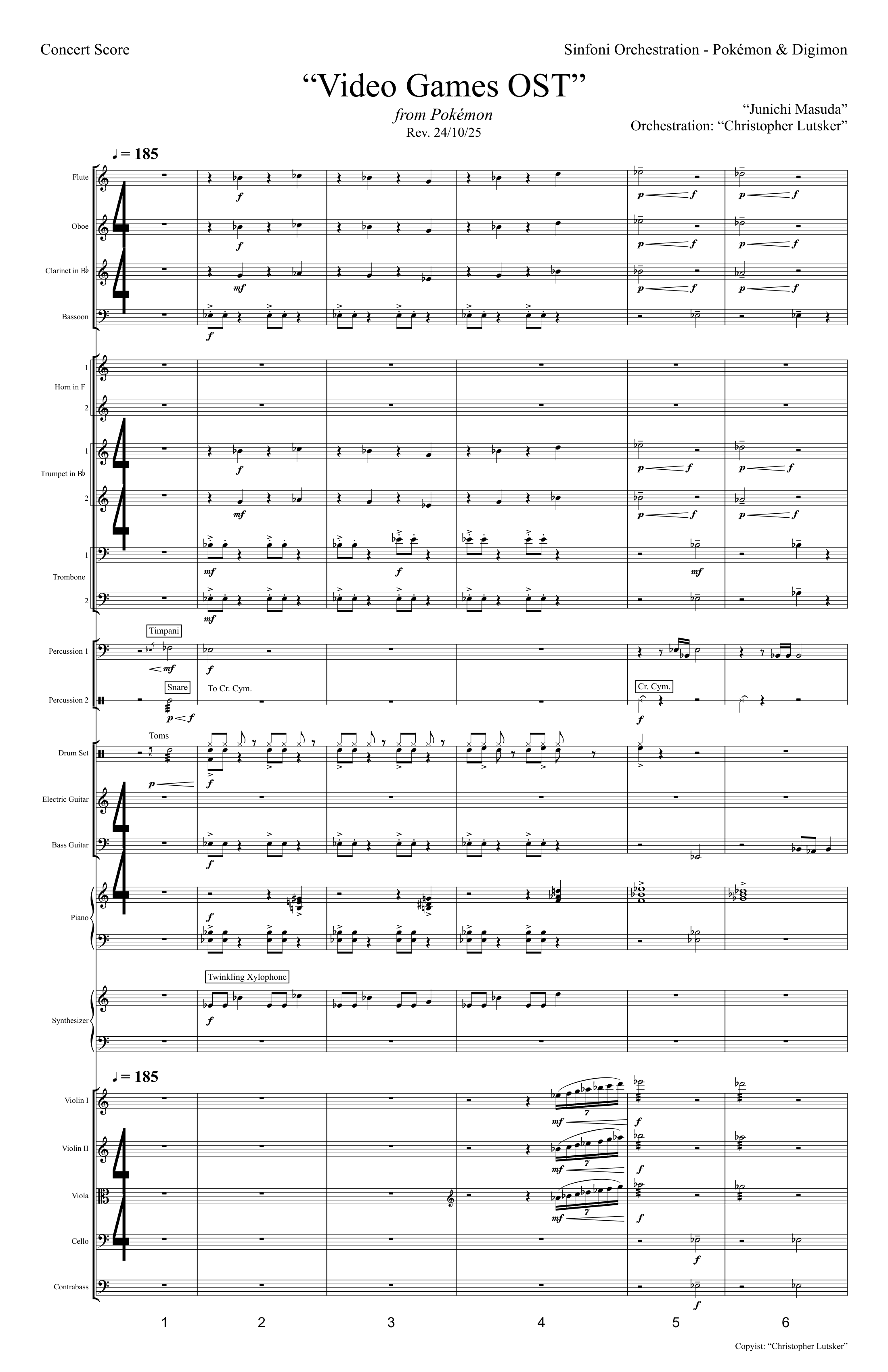 Sheet music titled 'Video Games OST' composed by Junichi Masuda, orchestrated by Christopher Lutsker, arranged for orchestra, with various musical instruments including flutes, oboes, clarinets, bassoons, horns, trumpets, trombones, percussion, xylophone, synthesizer, violins, viola, cello, and contrabass.