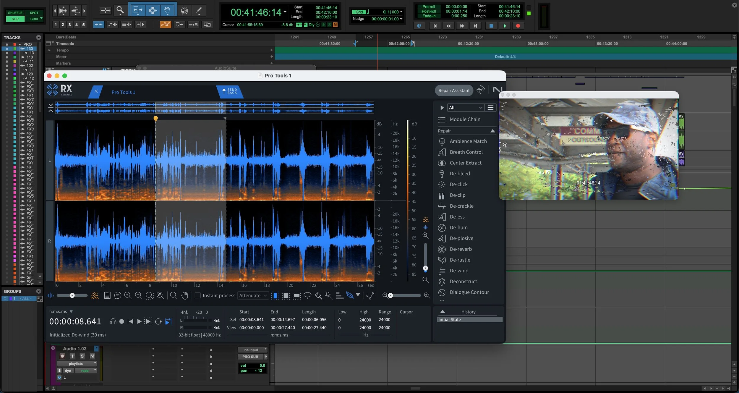 A ProTools screenshot with multiple tracks and waveforms, showing editing and mixing software, with a smaller window displaying a video clip of a man outdoors in a cap and sunglasses.