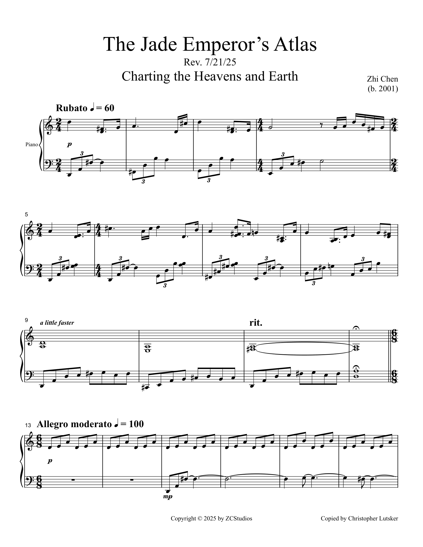Sheet music titled 'The Jade Emperor's Atlas' with musical notation, tempo markings, and composer information.