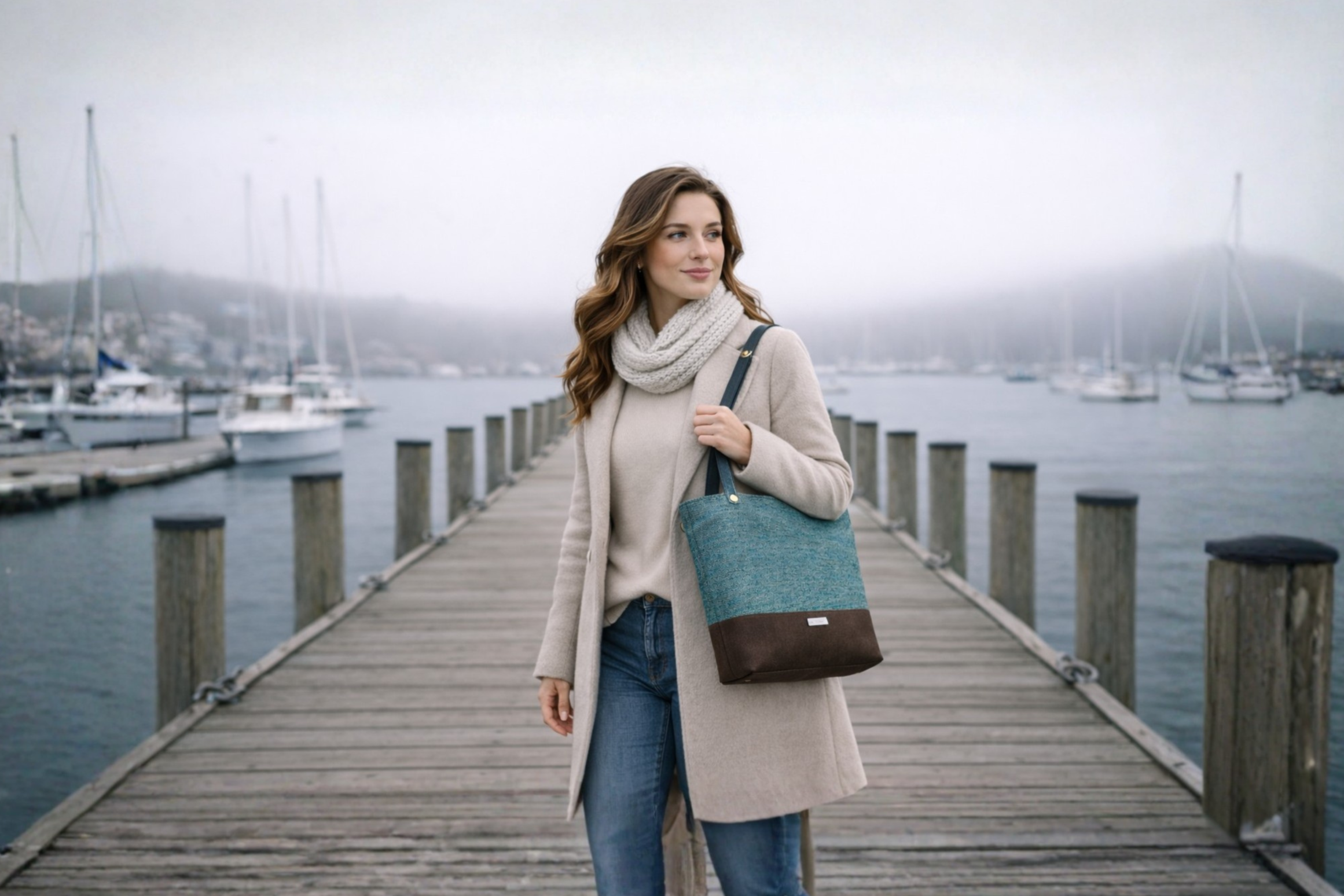 A young woman with wavy brown hair wearing a beige coat, white scarf, and jeans, carries a blue and brown tote bag while standing on a wooden dock by a harbor with sailboats on a cloudy day.