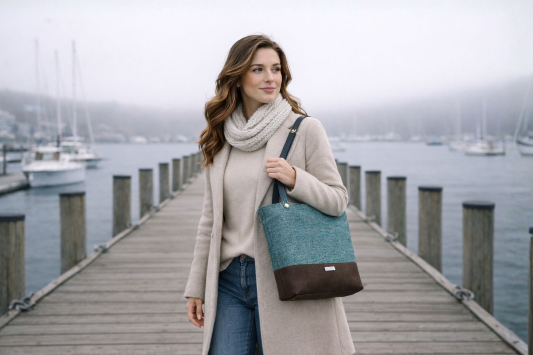 A woman with wavy, shoulder-length brown hair standing on a wooden dock near a marina with boats and sailboats, wearing a beige coat, white scarf, and carrying a blue and brown tote bag.