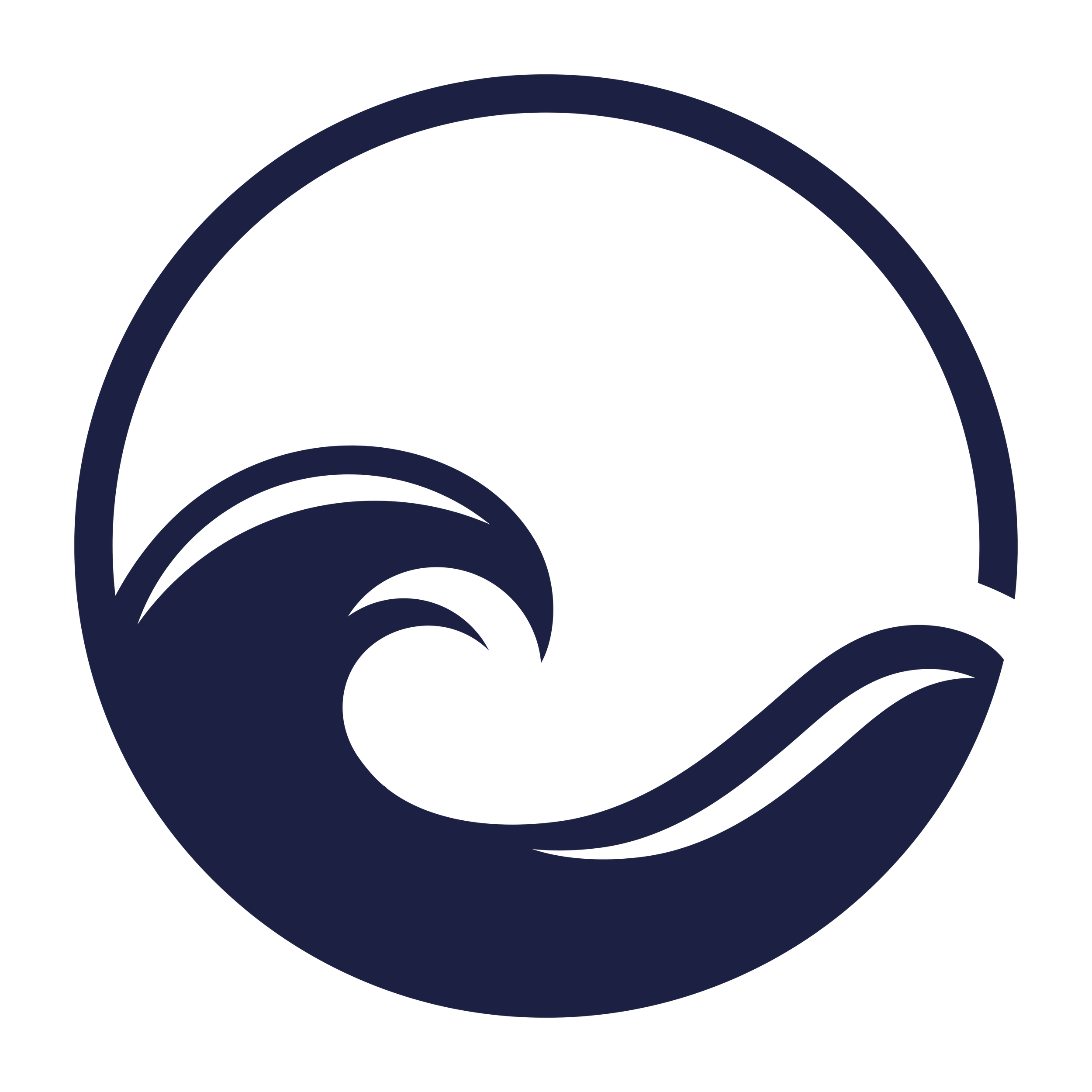 Stylized logo with a dark blue wave inside a circle.