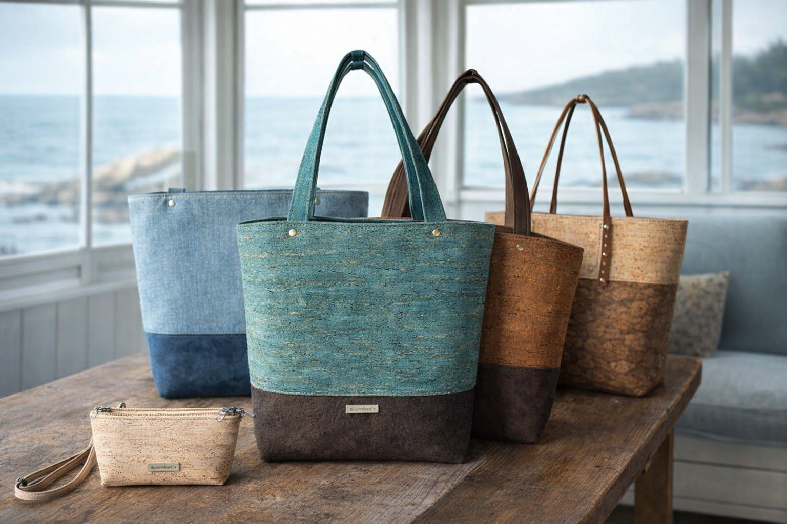 A collection of four woven tote bags in various shades of blue, brown, and beige, along with a small matching wristlet, displayed on a rustic wooden table against a large window overlooking the ocean.