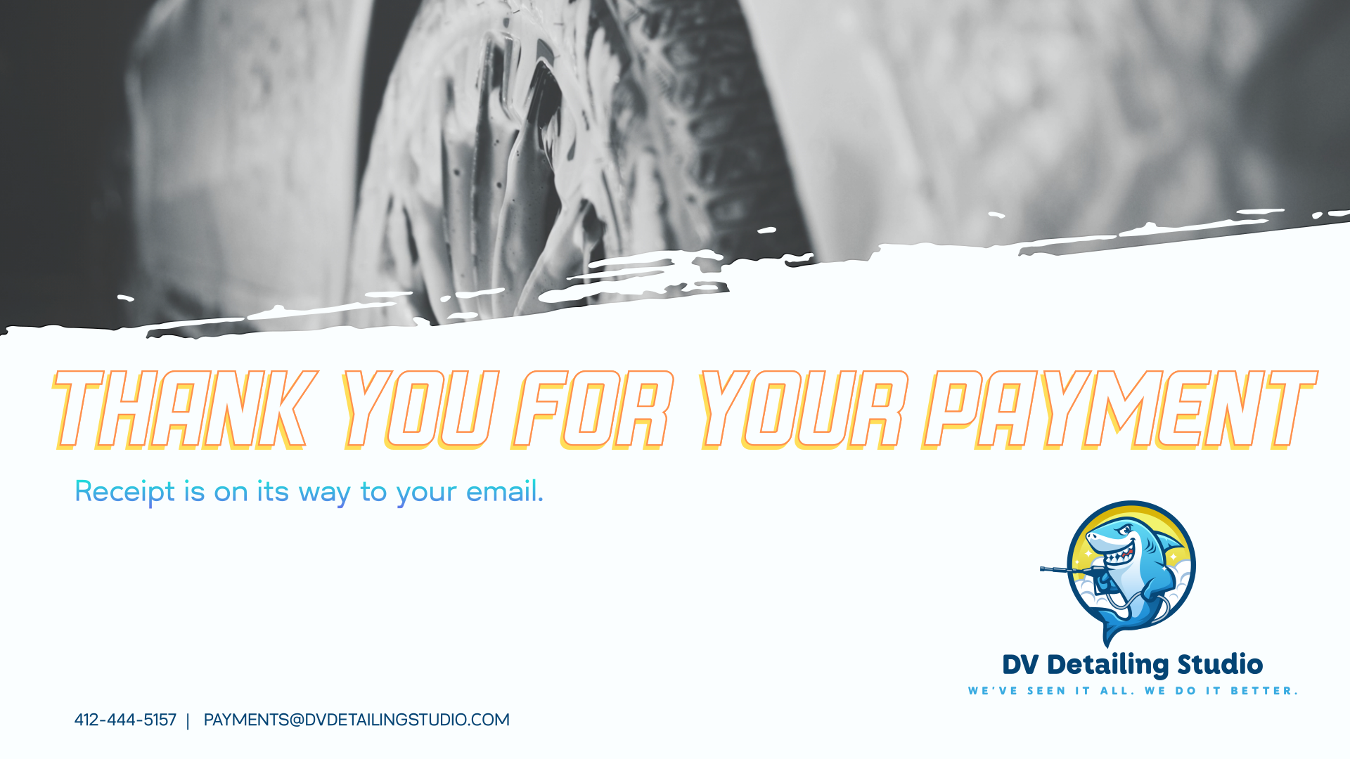 A graphic thank you message from DV Detailing Studio with their logo, contact information, and a background featuring car wheels and a car wash scene.
