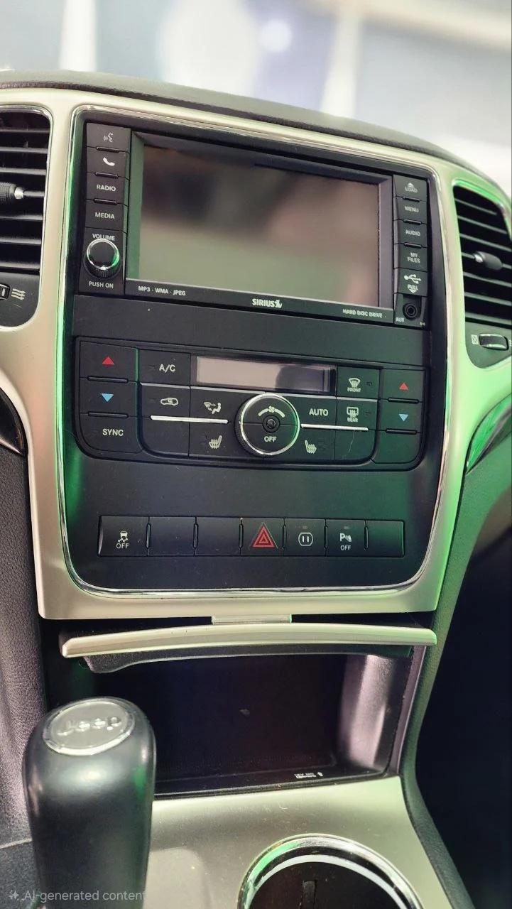 Close-up of a car's central dashboard console with radio controls, climate control buttons, and a gear shift knob in foreground.