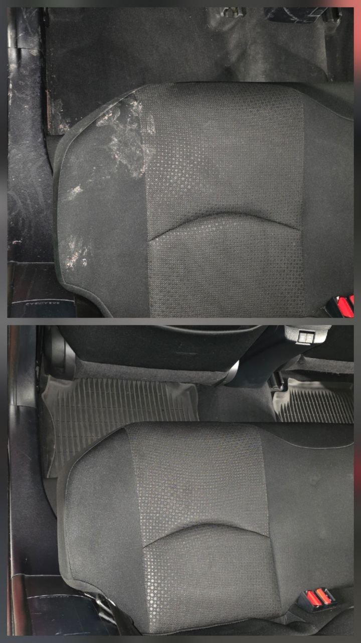 Comparison of the back seats of a car before cleaning, showing dirty, stained fabric, and the same seats after cleaning, appearing clean and tidy.