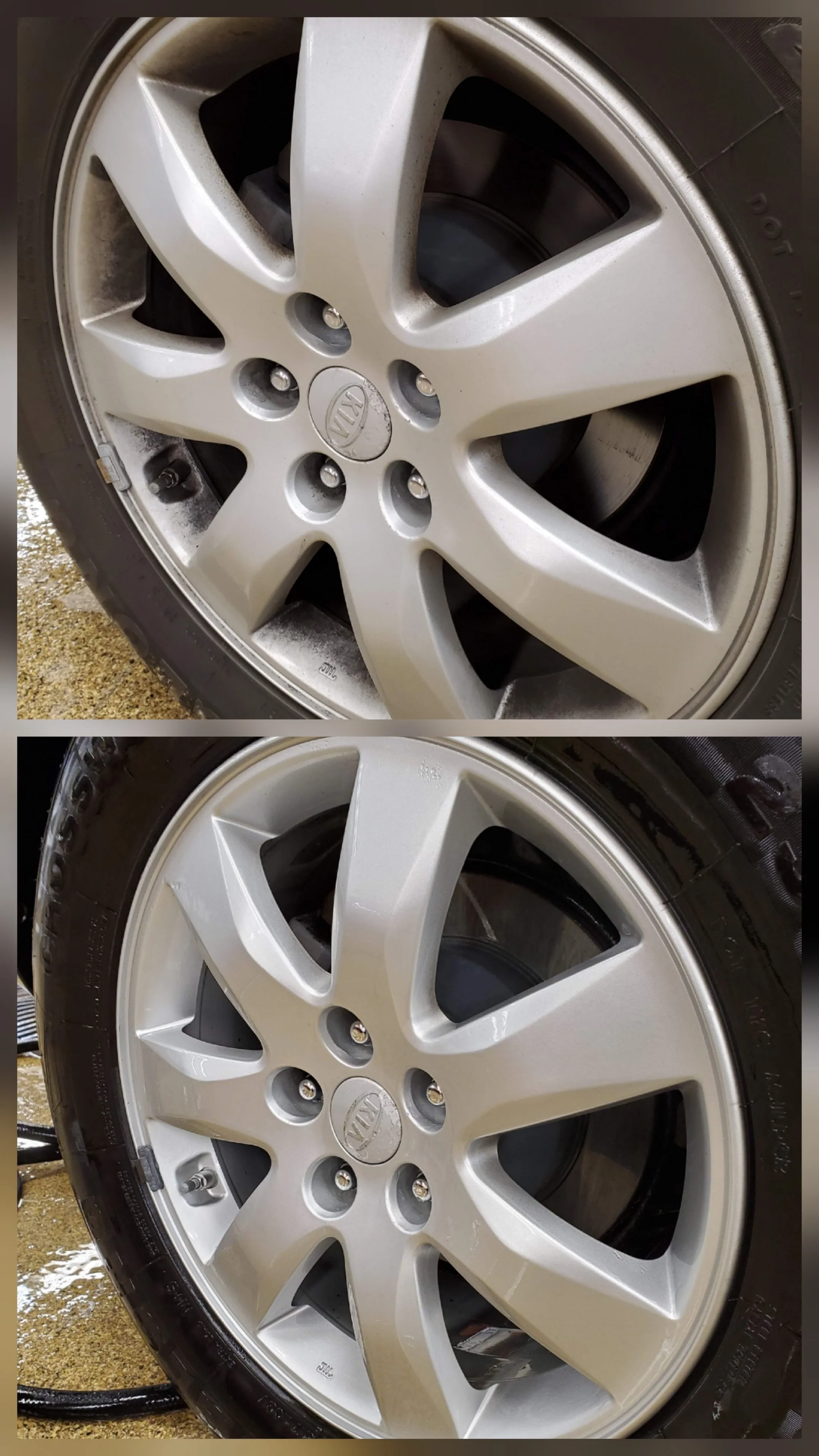 Two images of car wheels showing a silver alloy rim with five spokes and a black tire, with water or soap suds on the surface.