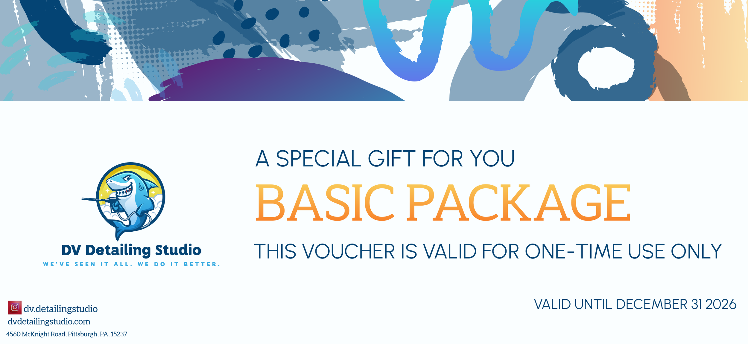 Voucher for DV Detailing Studio offering a basic package, with a shark mascot logo and contact information, valid until December 31, 2026.