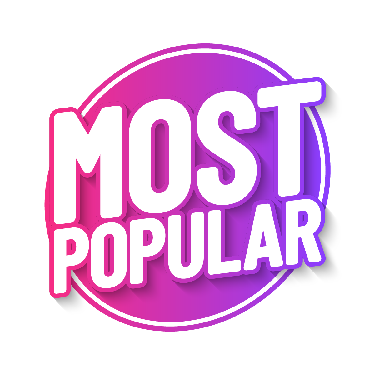 Neon sign with the words 'Most Popular' in bold white letters, outlined in purple, on a pink and purple gradient background.