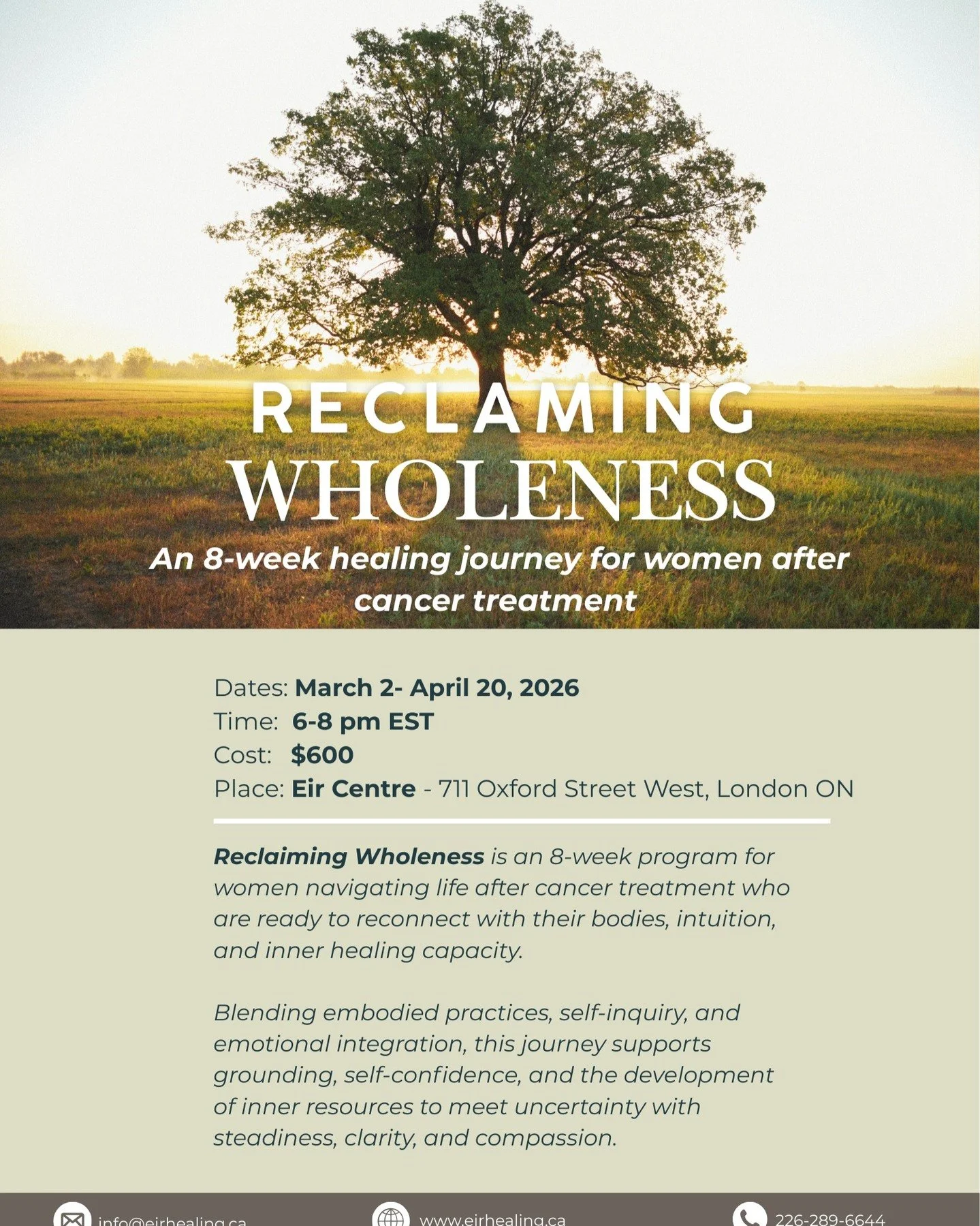 Reclaiming Wholeness is an 8-week program for women navigating life after cancer treatment who are ready to reconnect with their bodies, intuition, and inner healing capacity