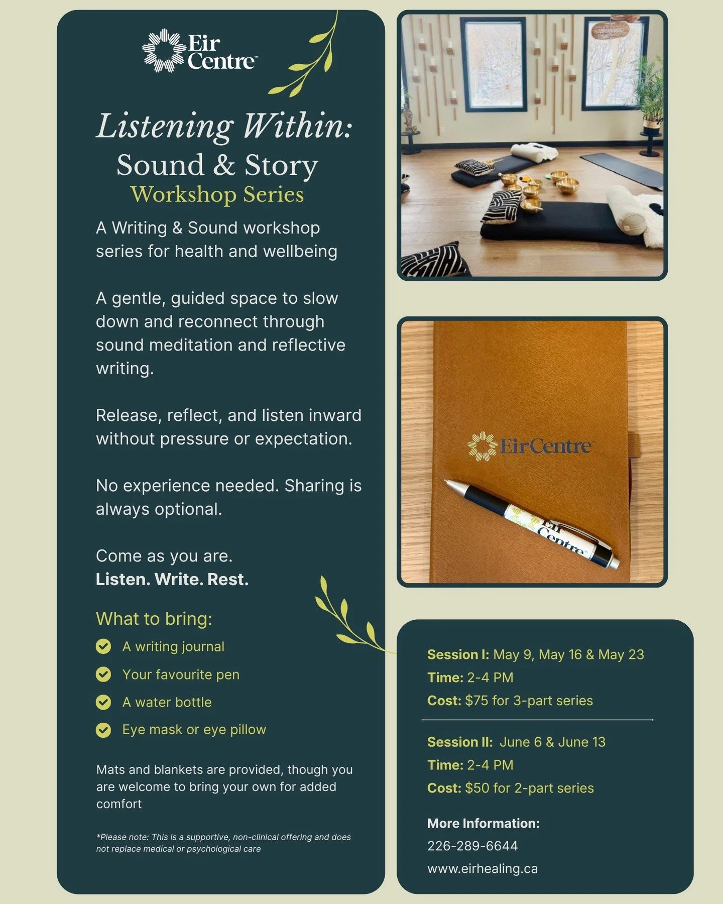 What You May Take Away:
&bull;	A deeper sense of grounding and calm 
&bull;	Greater clarity and ability to release what no longer serves you 
&bull;	Personal reflections you can return to over time 
&bull;	Simple tools for self-soothing and self-expr