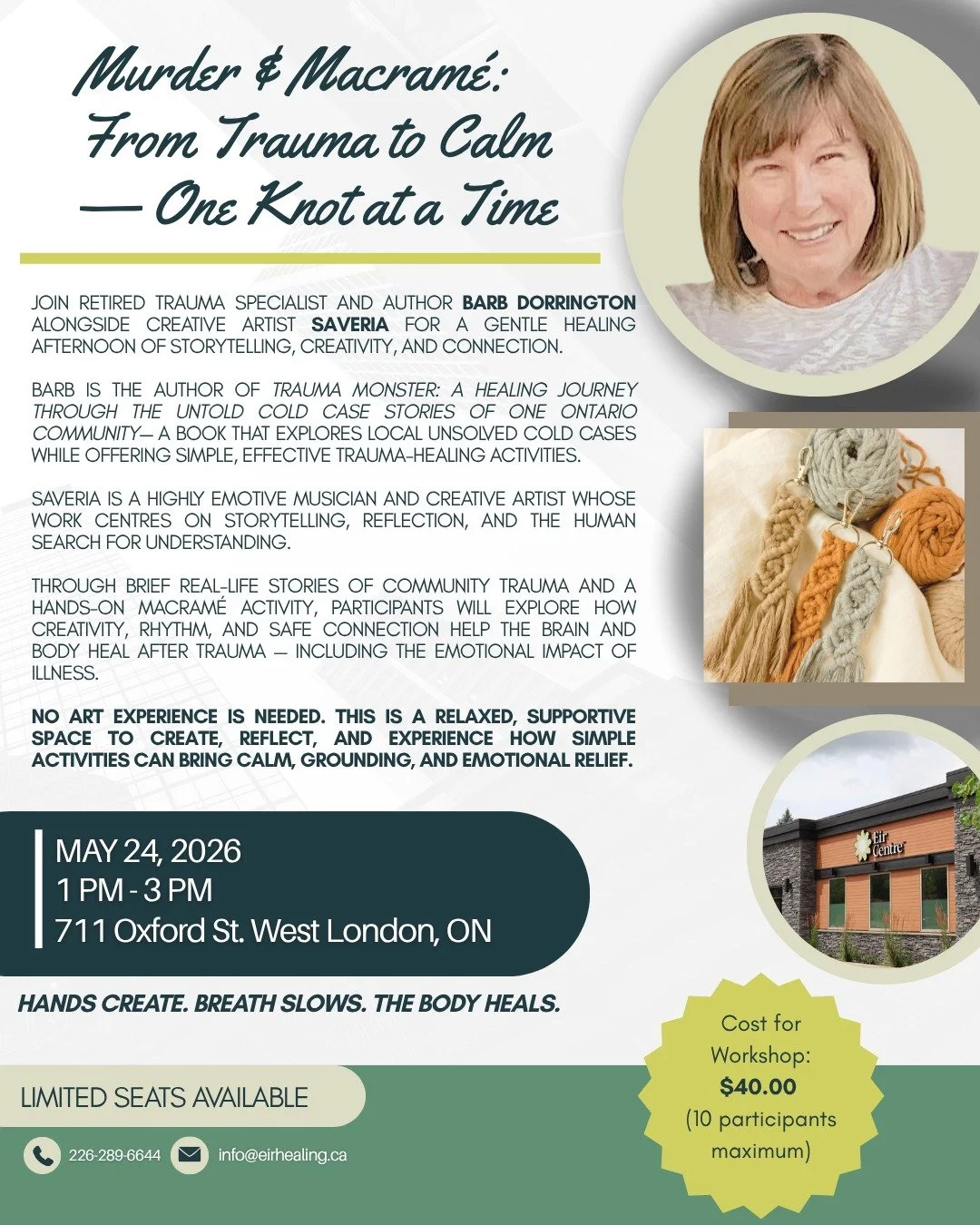 Step into an afternoon of story, reflection, and gentle creativity at the Eir Centre&rsquo;s Murder &amp; Macram&eacute;.

Join retired trauma specialist and author @barb_dorrington &mdash;author of Trauma Monster: A Healing Journey Through the Untol