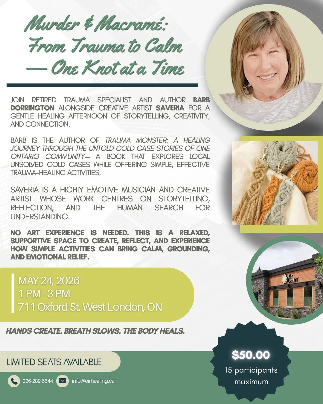 Step into an afternoon of story, reflection, and gentle creativity at the Eir Centre&rsquo;s Murder &amp; Macram&eacute;.

Join retired trauma specialist and author Barb Dorrington&mdash;author of Trauma Monster: A Healing Journey Through the Untold 