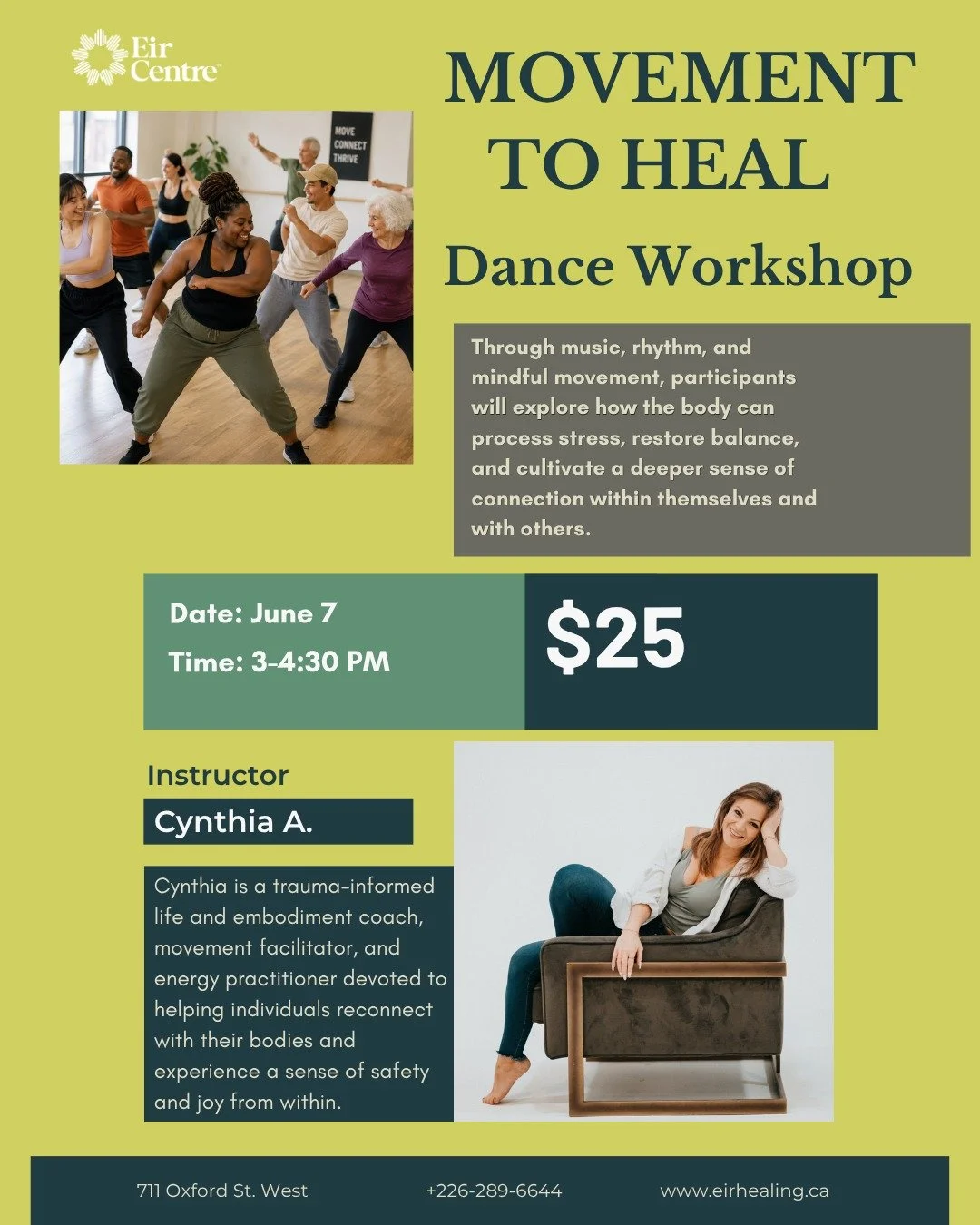 Through music, rhythm, and mindful movement, participants will explore how the body can process stress, restore balance, and cultivate a deeper sense of connection within themselves and with others.

Led by Cynthia A., a trauma-informed life and embo