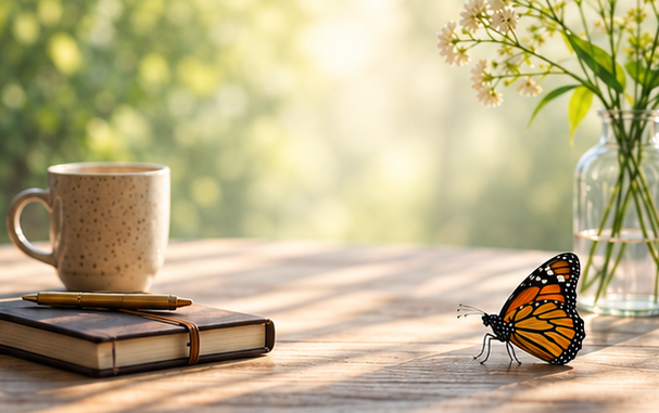 A butterfly with orange and black wings on a wooden table next to a notebook, pen, and a vase with white flowers in a sunlit outdoor setting.