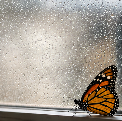 A monarch butterfly sitting on a window ledge with rain droplets on the window.