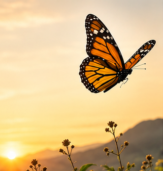 A monarch butterfly flying in front of a sunset sky with mountain silhouettes and wildflowers in the foreground.