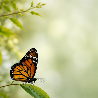 A monarch butterfly perched on a green leaf in a natural setting with blurred background.