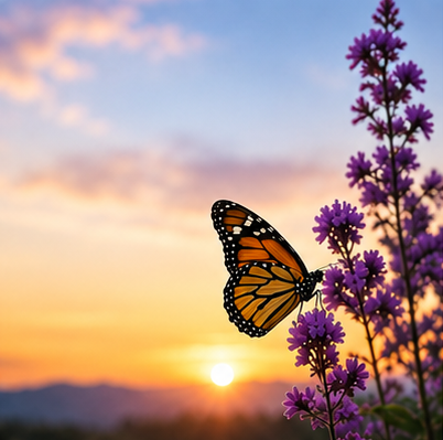 A monarch butterfly landing on purple flowers during sunset.