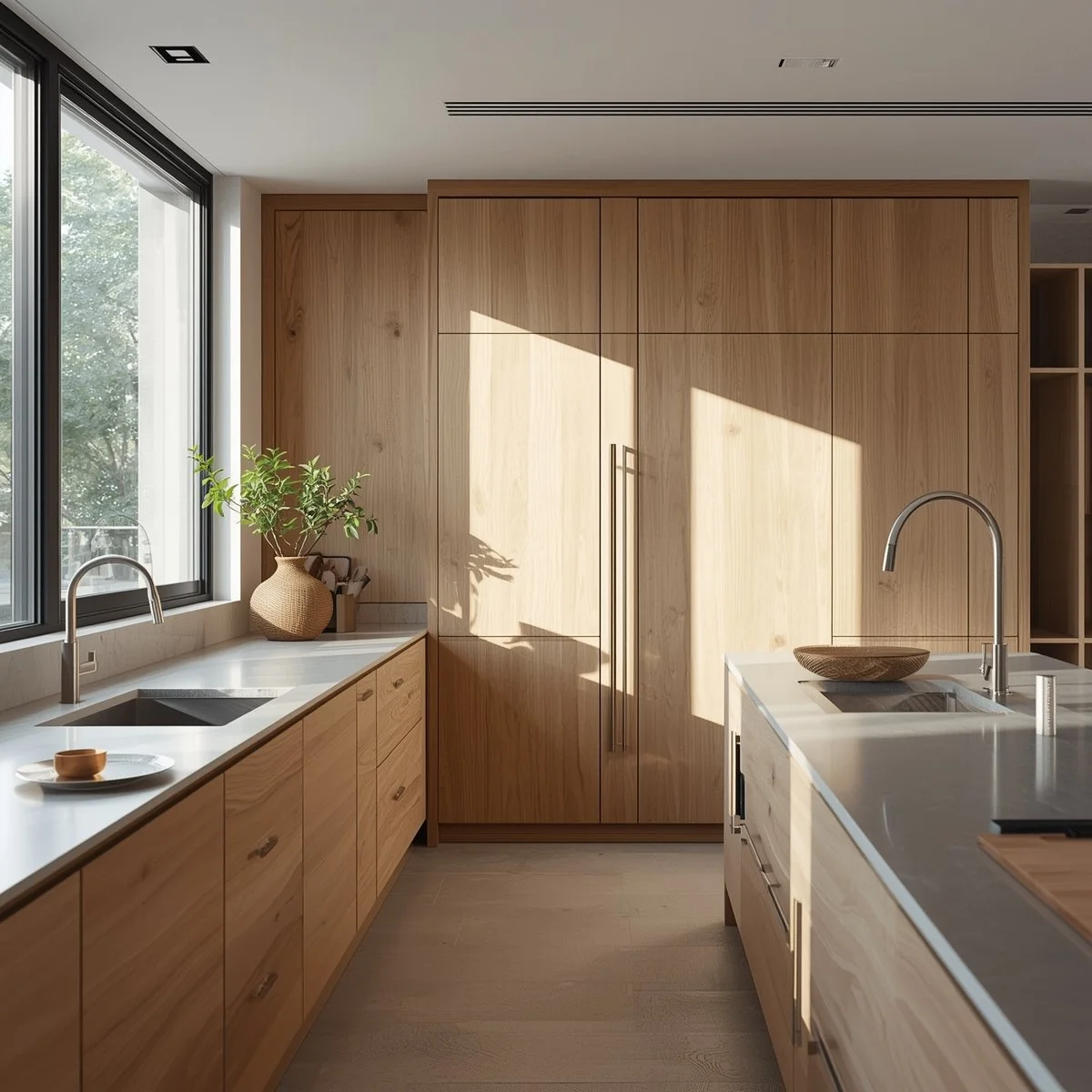 Cuisine moderne avec armoires en bois clair, plan de travail en quartz blanc, évier en coin sous une grande fenêtre, décoration minimaliste avec une plante et une carafe, éclairage naturel, style épuré et chaleureux.