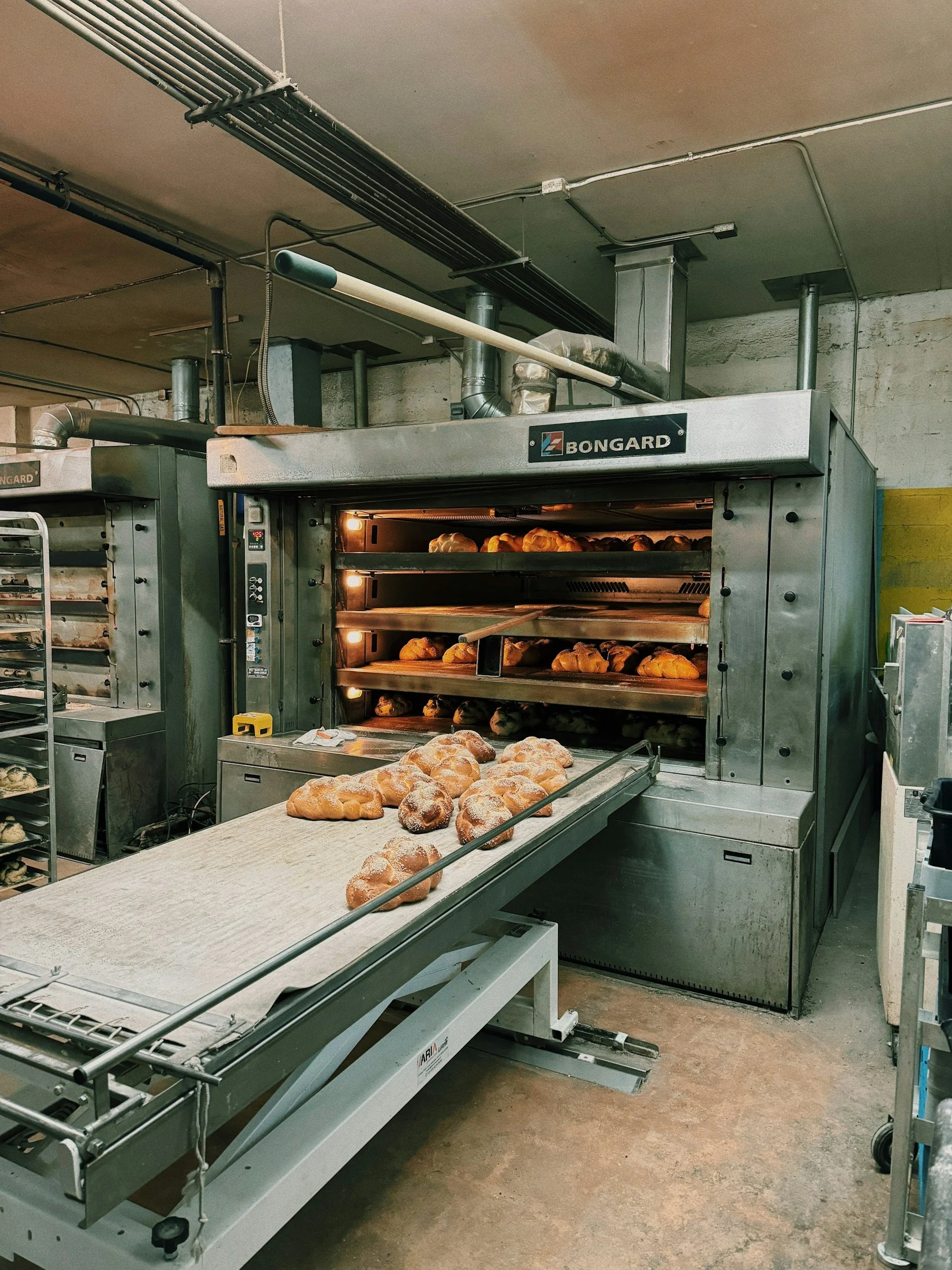 Bakery oven with trays of baked bread and buns, some bread on a cooling table in front.
